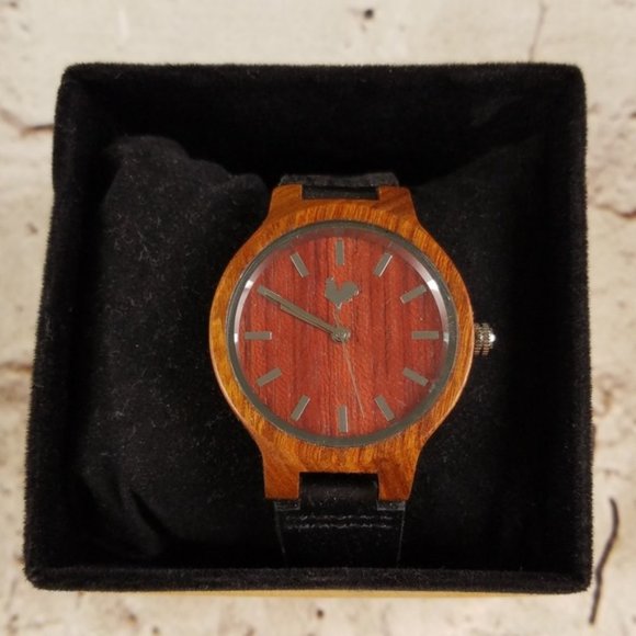 Buttercup Red Wood Watch Black Leather White Rooster Unisex Boho Neutral Classic - Picture 4 of 8